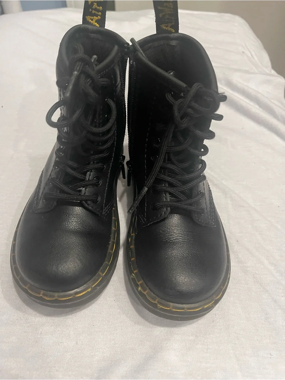 Dr. Martens Black Kids Lace-Up Combat Boots with Yellow Stitching